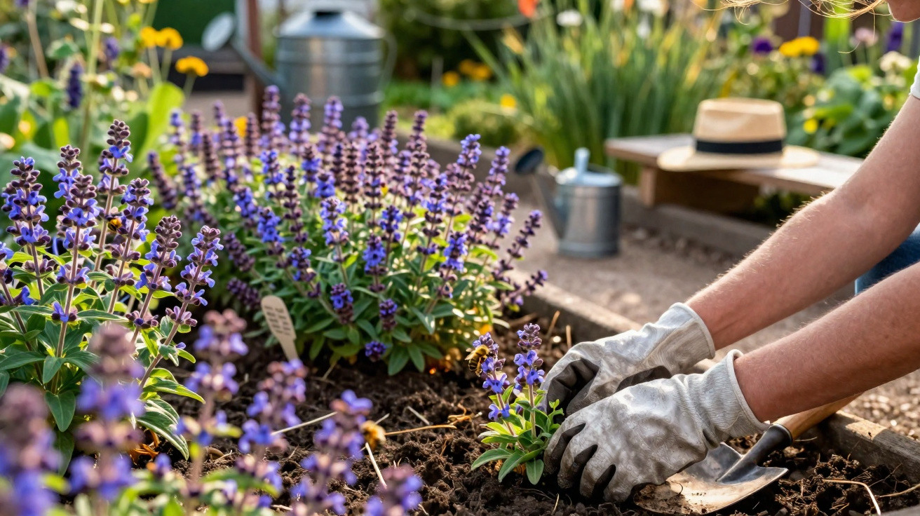 Pessoa a plantar flores roxas num canteiro de jardim, usando luvas de proteção e ferramenta de jardinagem.