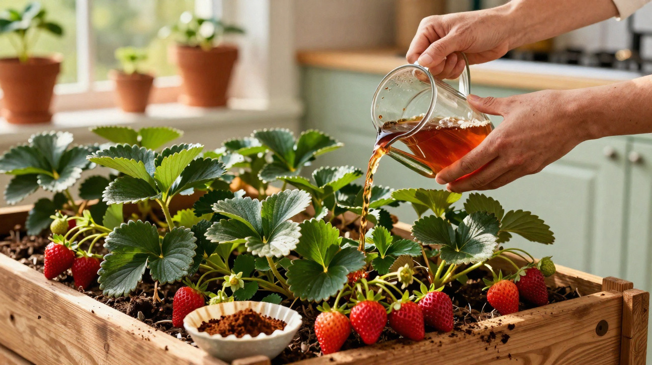 Pessoa a regar plantas de morango num jardim interior com um regador de vidro.