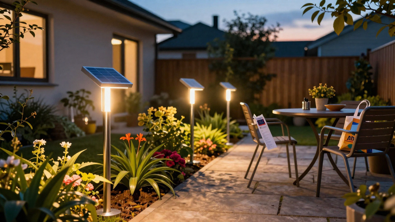 Jardim com iluminação solar em postes ao longo de caminho junto a mesa e cadeiras num final de tarde.