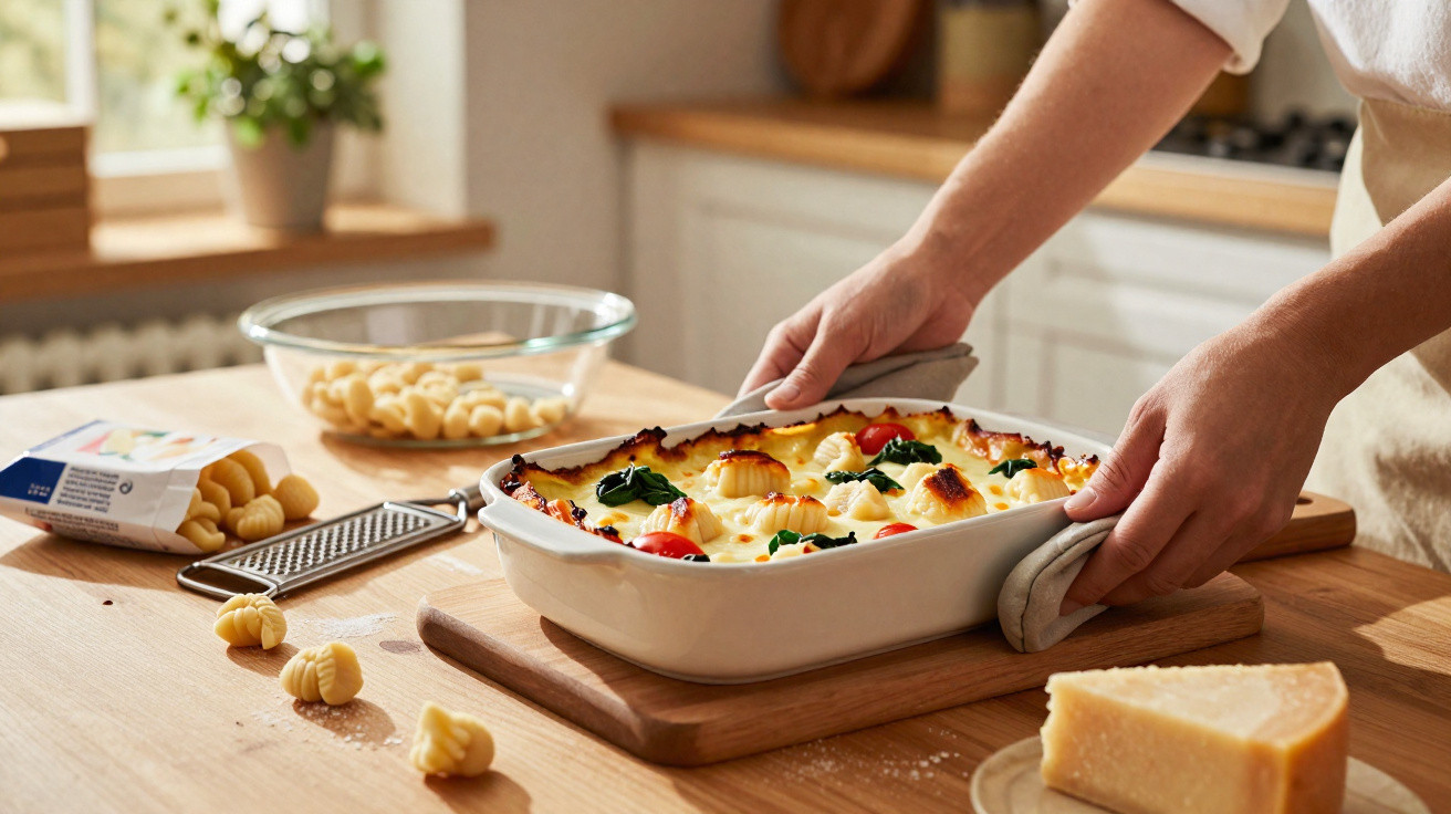 Pessoa a retirar gratinado de nhoque do forno numa cozinha com queijo e ingredientes na bancada.