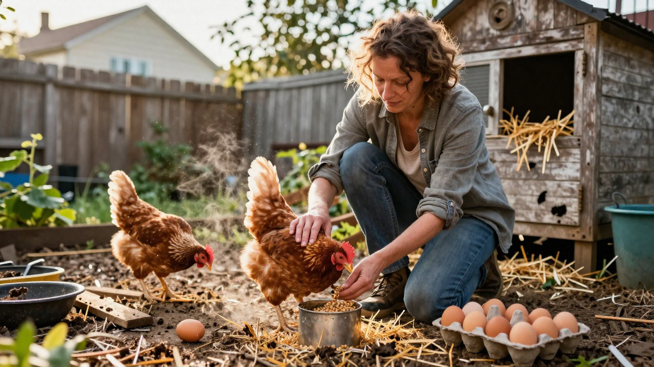 Mulher alimentar galinhas no quintal com ovos e galinheiro visíveis ao lado.