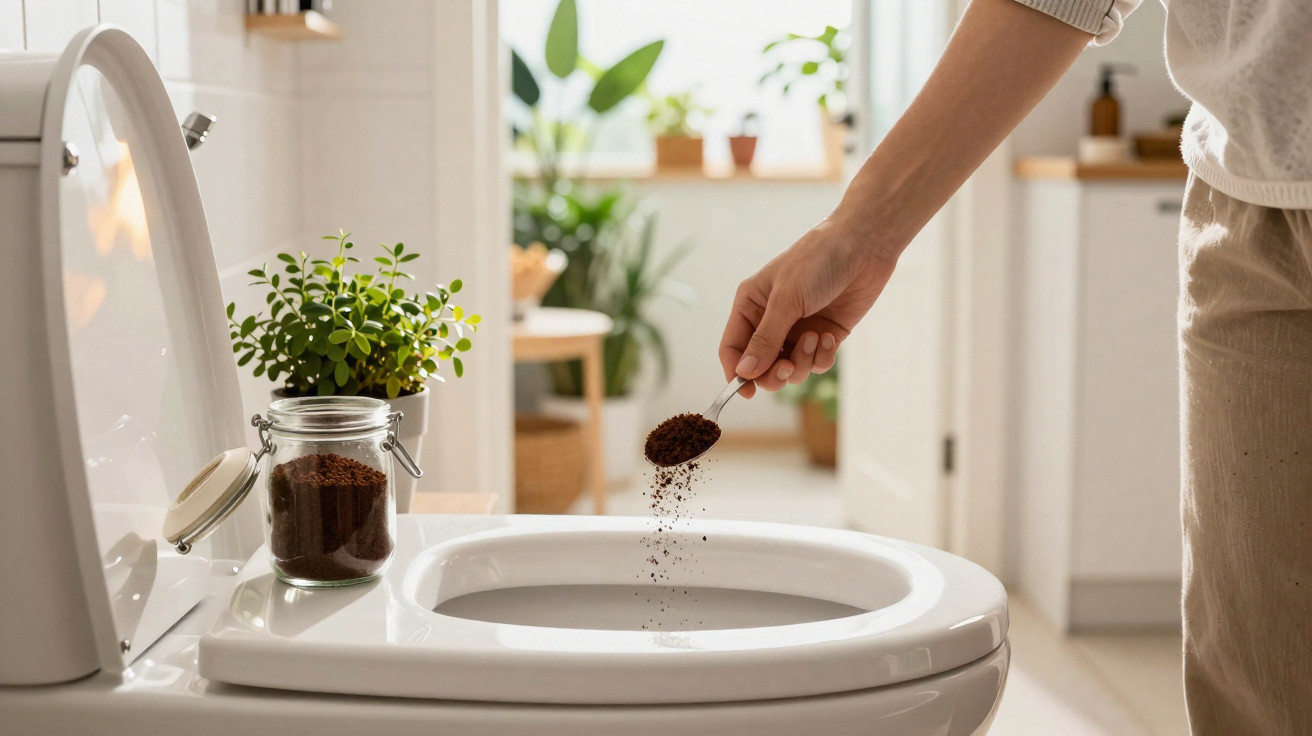 Pessoa a deitar borra de café numa sanita branca numa casa de banho iluminada e com plantas.