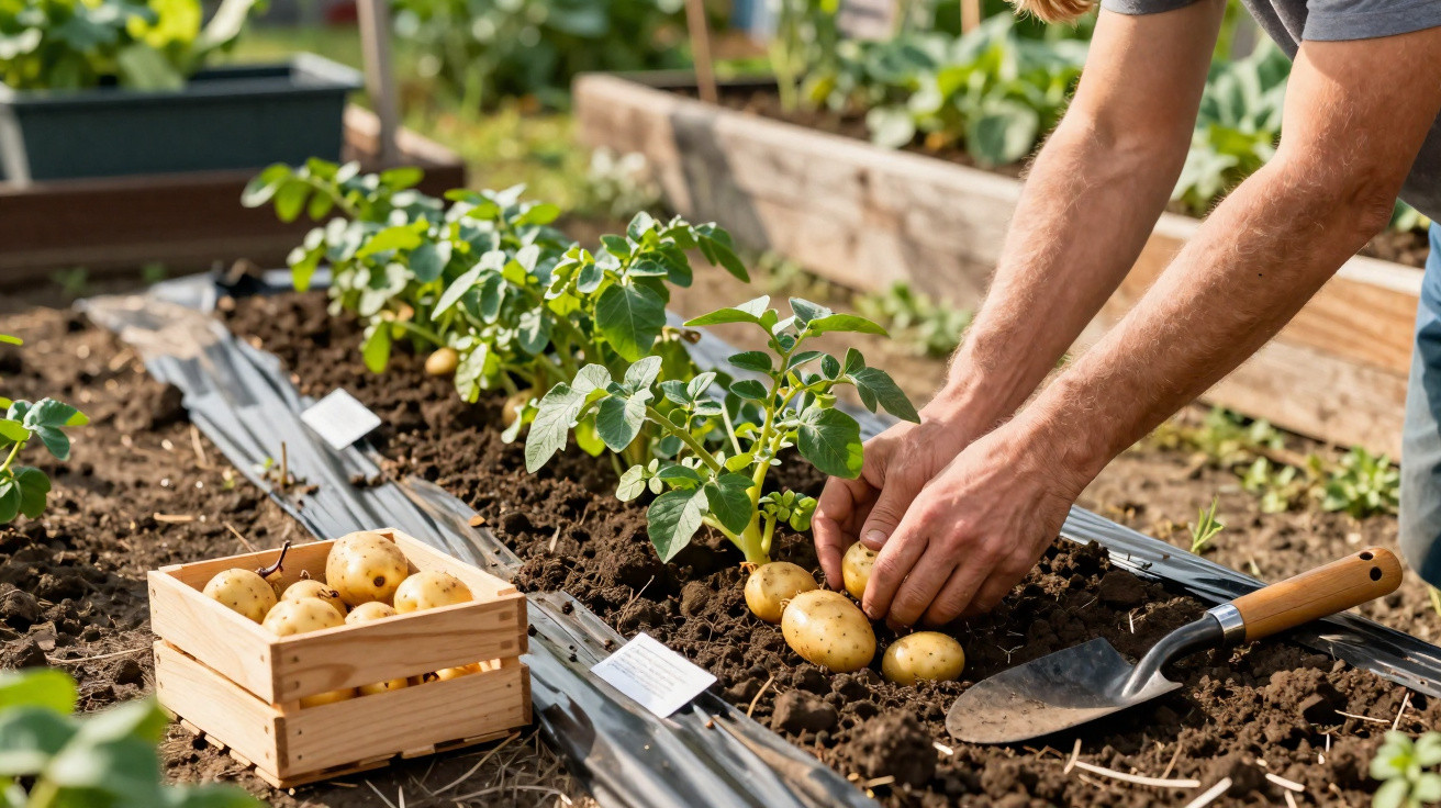 Pessoa a colher batatas na terra num campo de cultivo com caixa de madeira ao lado.