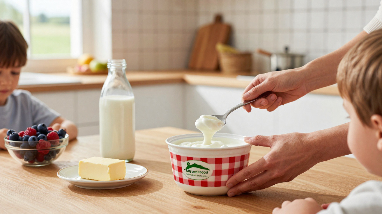 Mãos a servir iogurte num pote à mesa, com crianças, manteiga, leite e frutos vermelhos à volta.