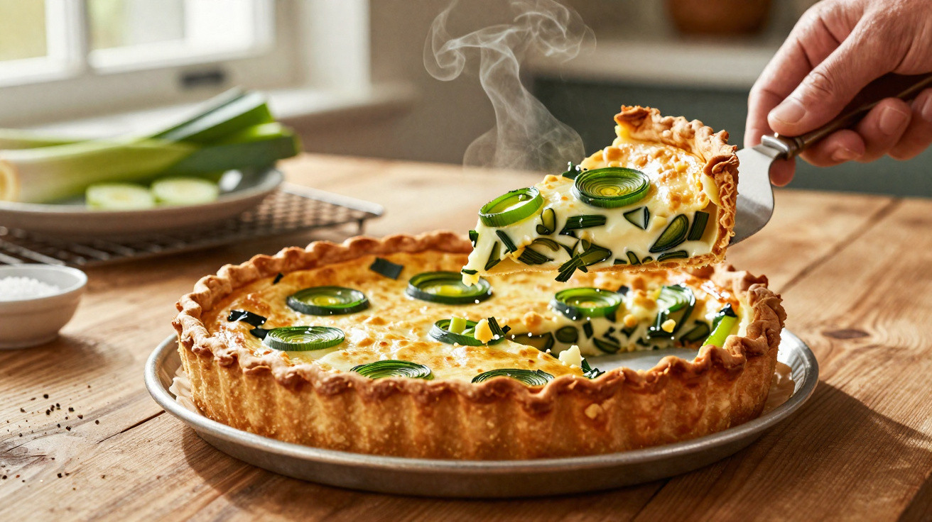 Tarte de alho francês e ervas a vapor, com crosta dourada, sendo servida numa espátula na cozinha.