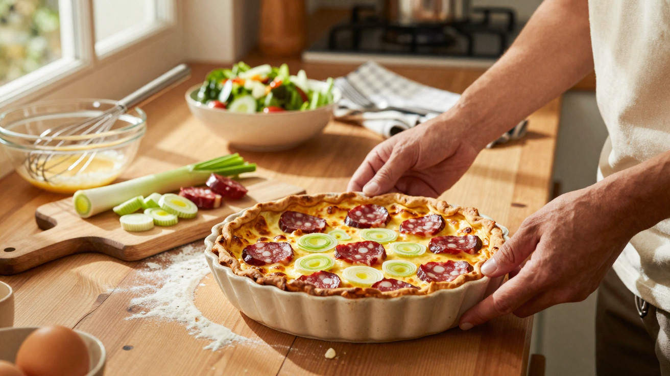 Pessoa a pegar uma tarteira com quiche de salame e alho-francês numa cozinha iluminada.