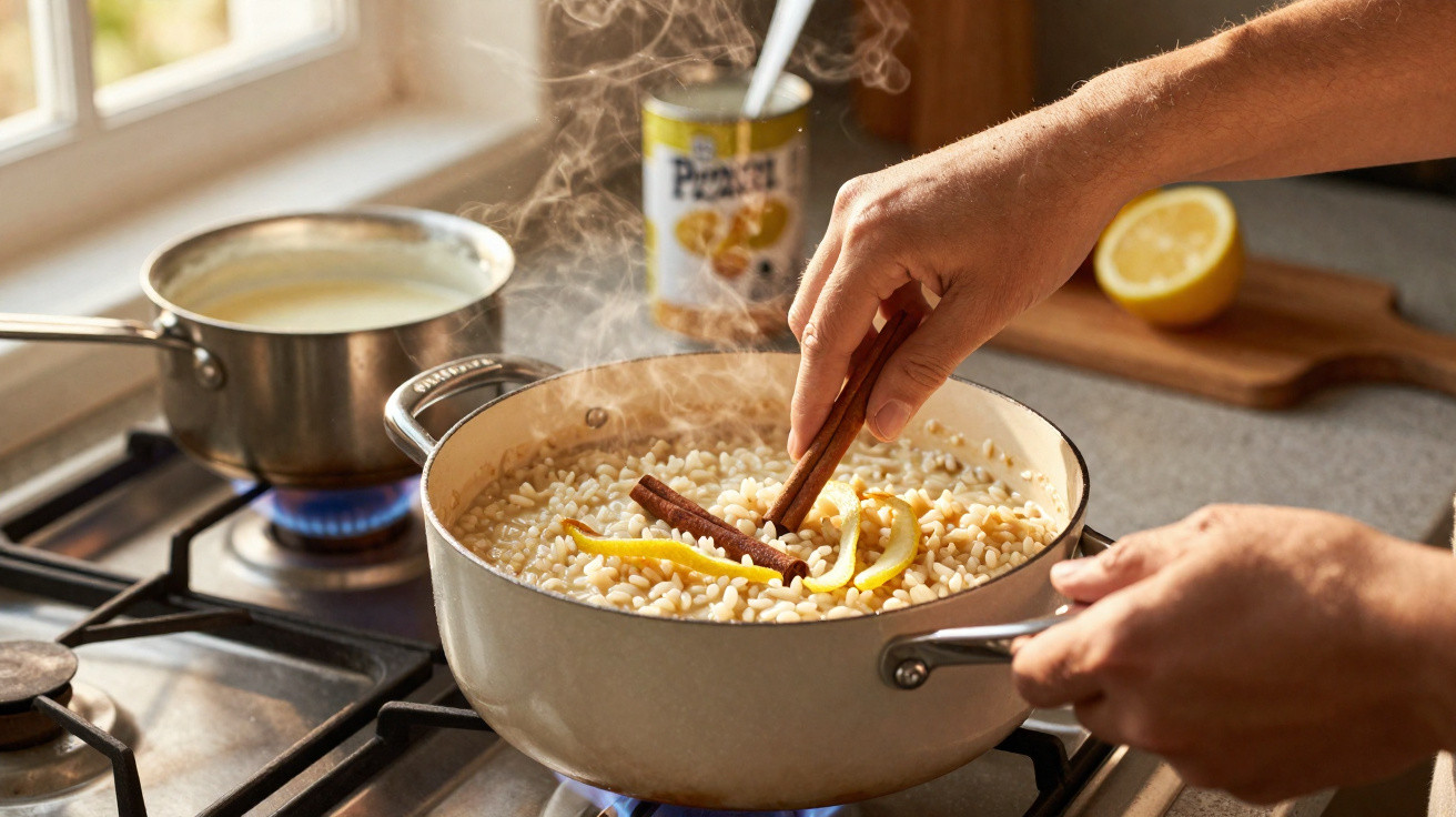 Pessoa a cozinhar arroz doce com pau de canela e casca de limão numa panela ao lume.