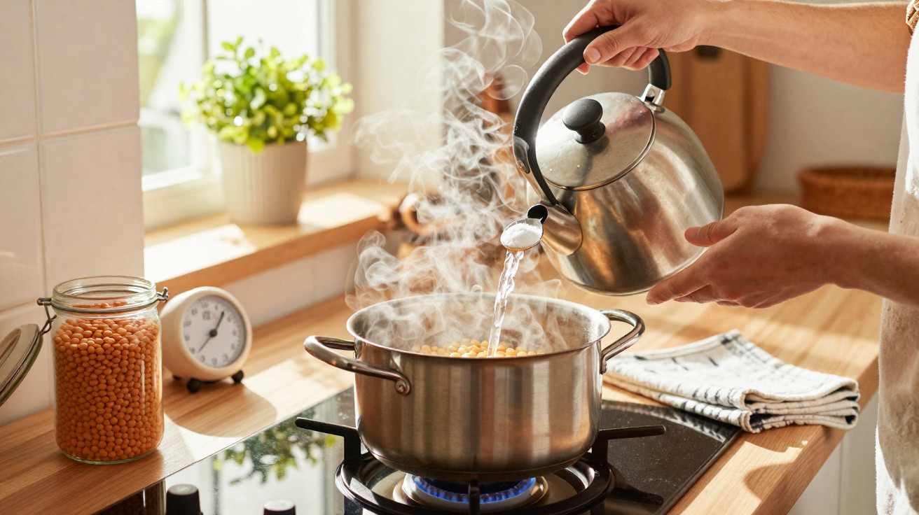 Mãos a verter água a ferver de um bule para uma panela no fogão, com vapor visível na cozinha iluminada.