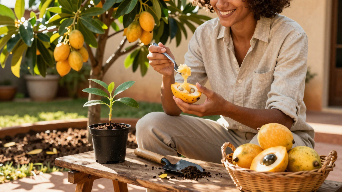 Pessoa sorridente a comer fruta maracujá ao ar livre junto a uma cesta e planta jovem em vaso.