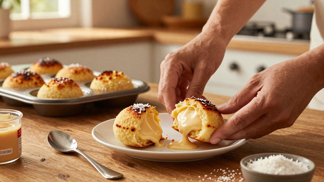 Mãos a partir um pãozinho doce recheado com creme, sobre um prato branco numa cozinha luminosa.