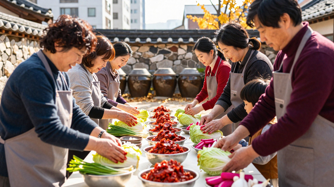 Grupo de pessoas a preparar legumes e temperos em redor de uma mesa ao ar livre.