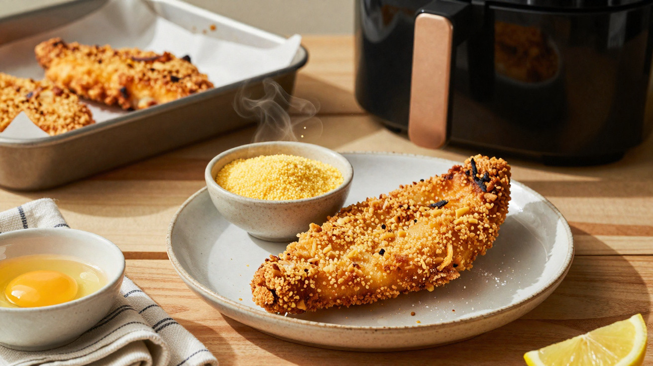 Filetes de frango panados com farinha de milho, ovos crus, farinha, limão e assadeira numa mesa de madeira.