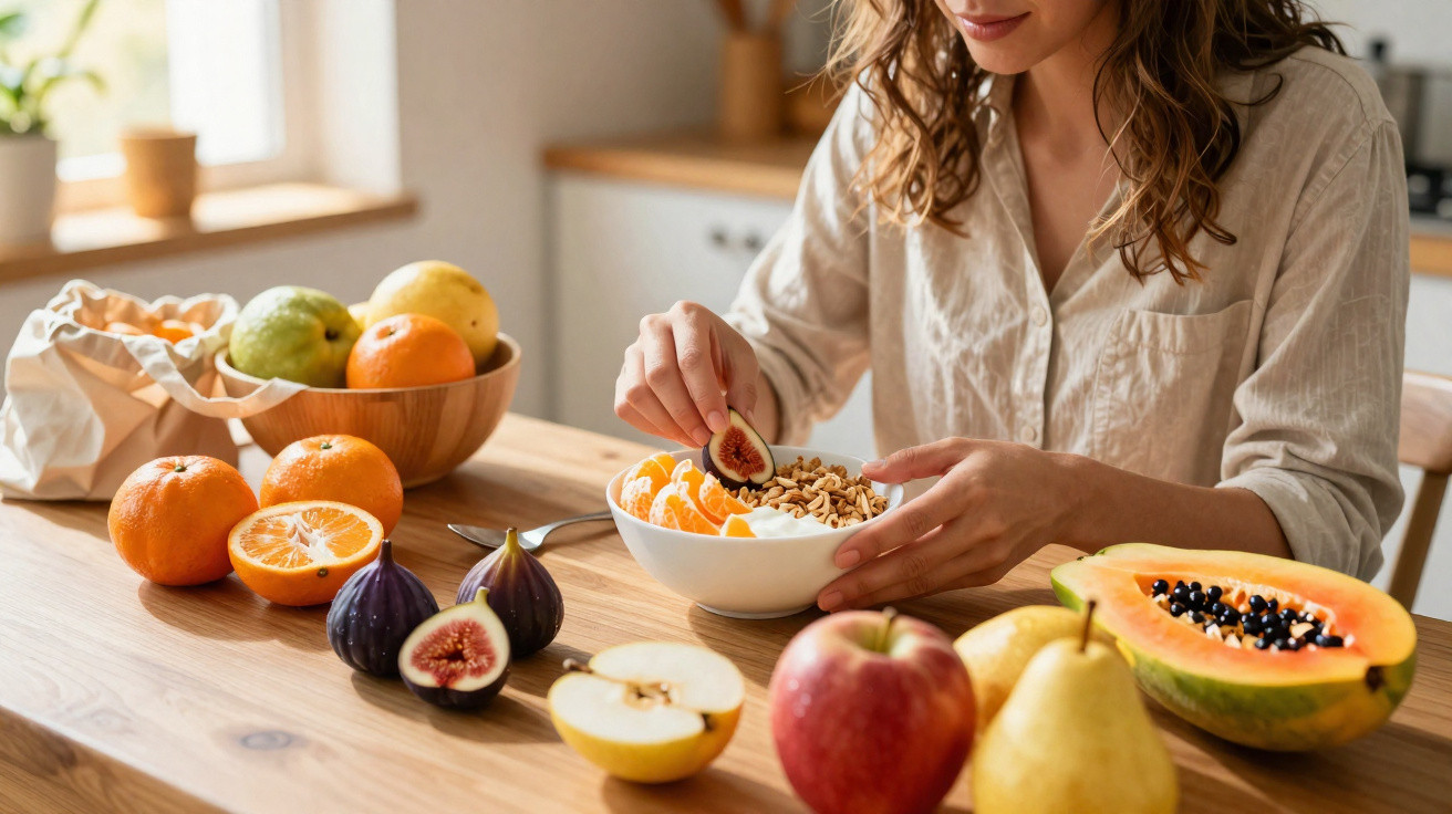 Mulher a preparar taça com iogurte, granola e fruta variada numa mesa de madeira iluminada.