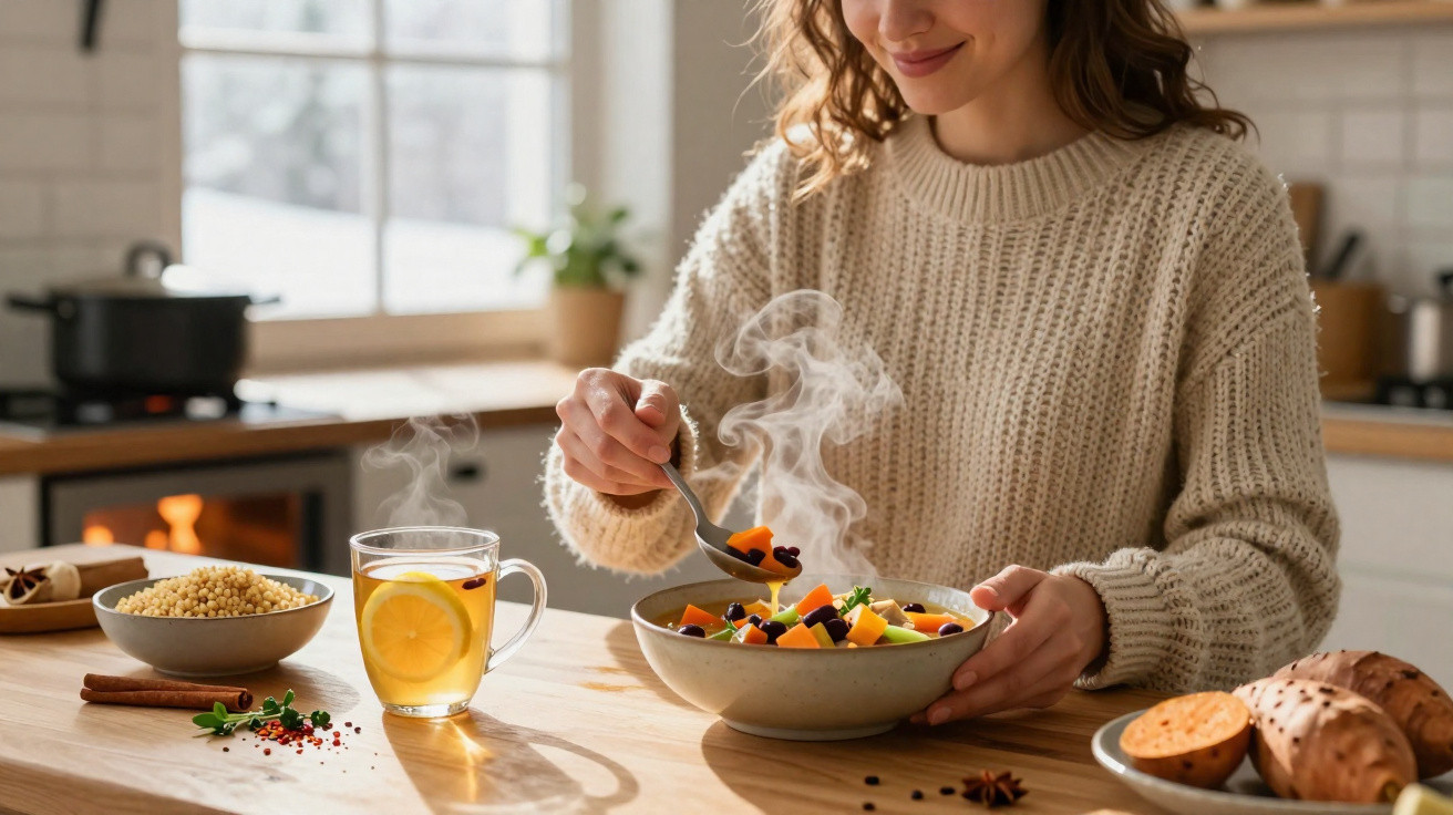 Mulher sorridente a comer uma sopa quente e saudável, com chá de limão numa cozinha iluminada.