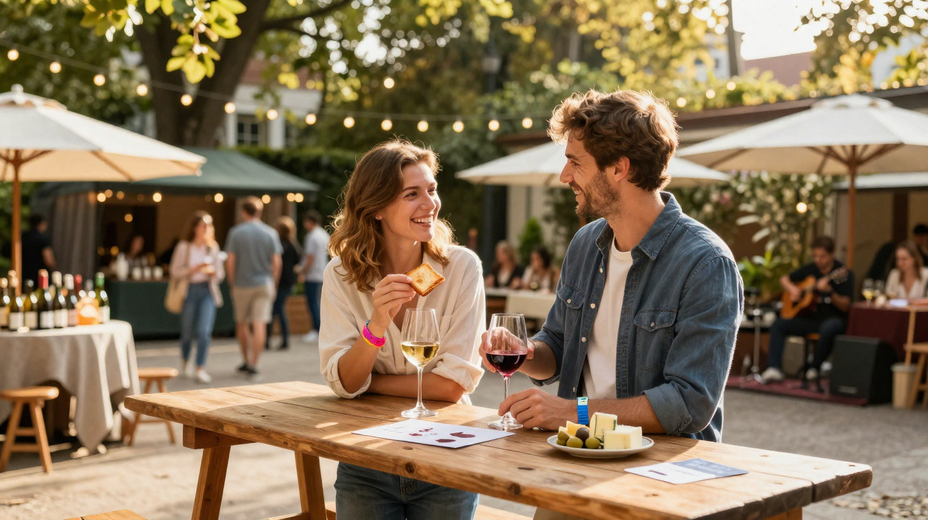 Casal a conversar e a beber vinho num espaço ao ar livre com mesas de madeira e ambiente acolhedor.