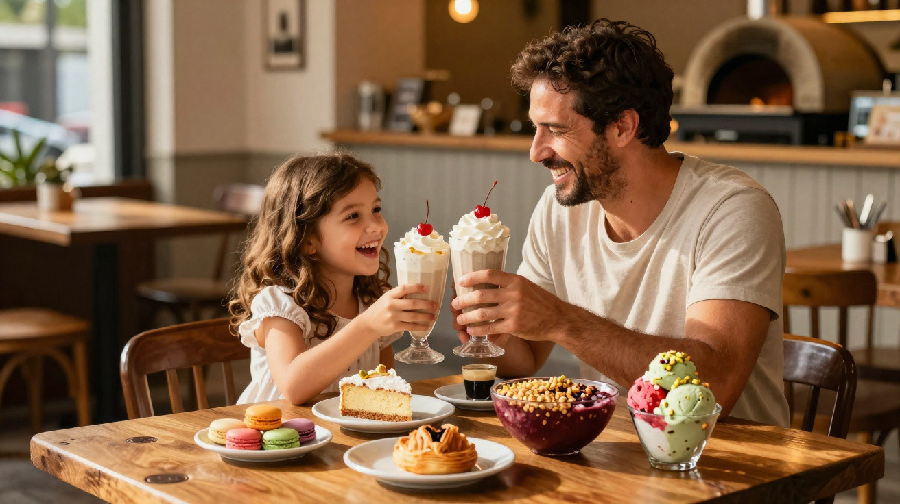 Pai e filha sorrindo ao brindar com batidos e sobremesas numa mesa de café.