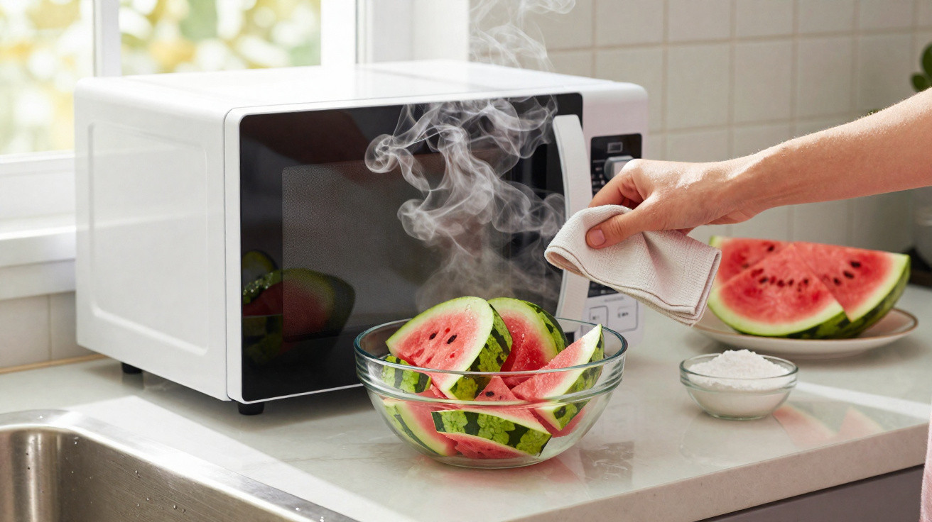 Tigela com pedaços de melancia a vapor junto a micro-ondas numa bancada de cozinha.