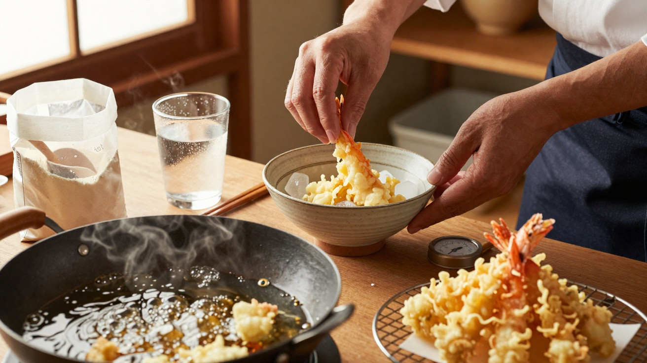 Pessoa a colocar camarão fritos em tigela com frigideira e camarão frito ao fundo numa cozinha.