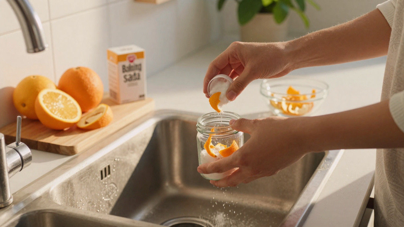 Mãos a colocar cascas de laranja e bicarbonato num frasco junto a uma pia de cozinha.
