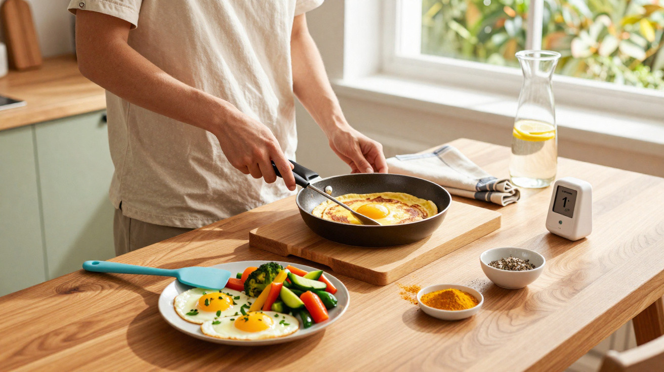 Pessoa a preparar omelete na frigideira numa cozinha com prato de ovos estrelados e legumes ao lado.
