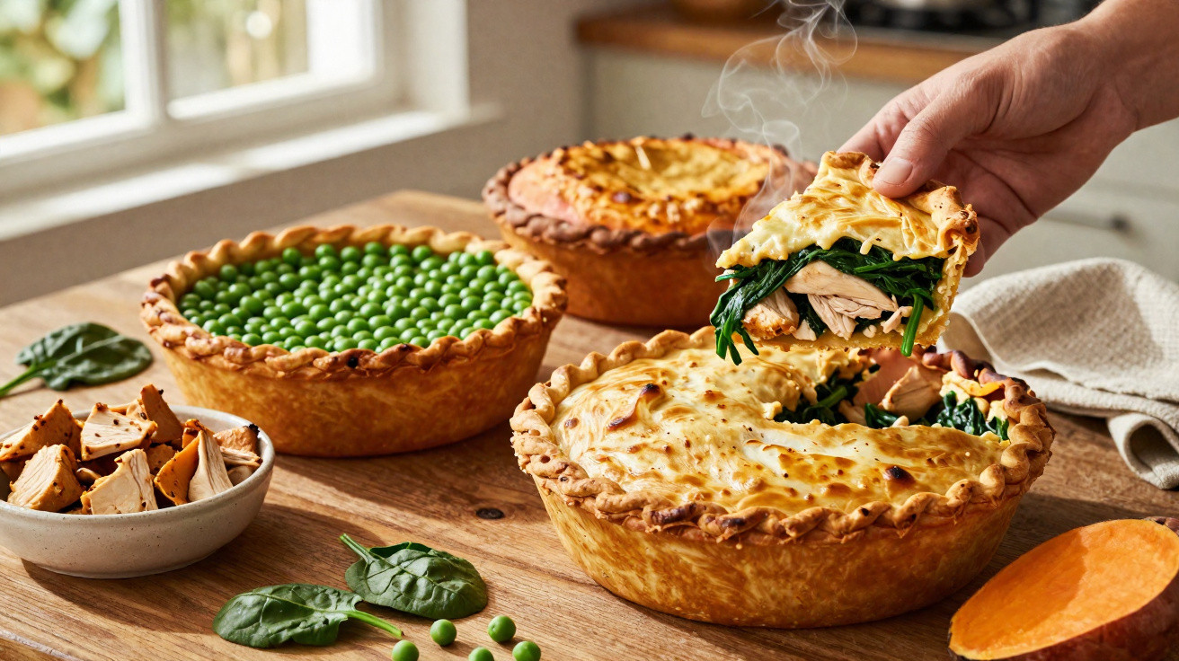 Mão a retirar fatia de torta caseira com espinafres e frango, ao lado de tortas de ervilhas e batata-doce num balcão.