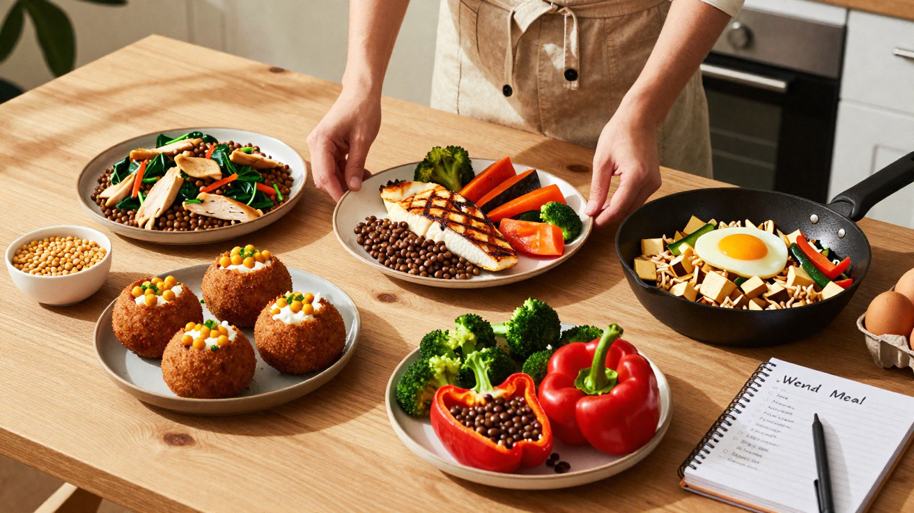 Várias refeições saudáveis com legumes, lentilhas, ovo e frango grelhado numa mesa de madeira.