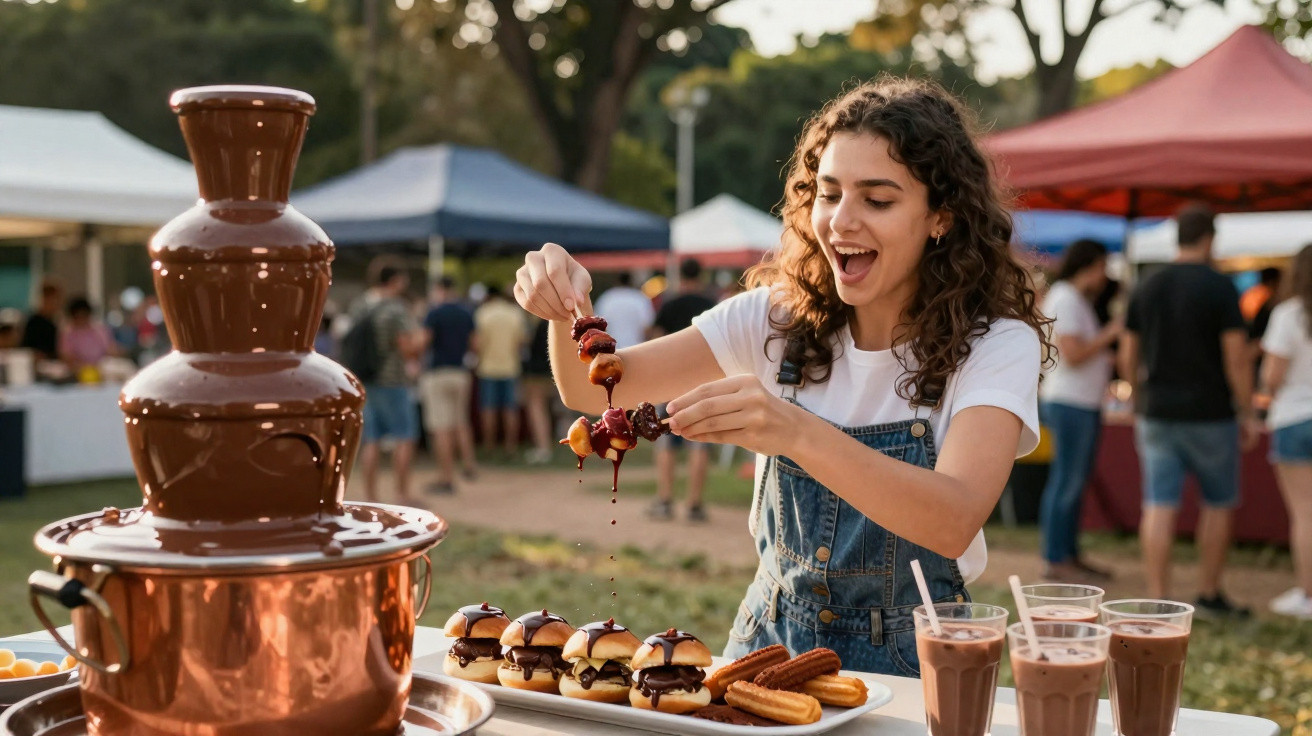 Mulher a mergulhar frutas em fonte de chocolate num mercado ao ar livre durante o dia.