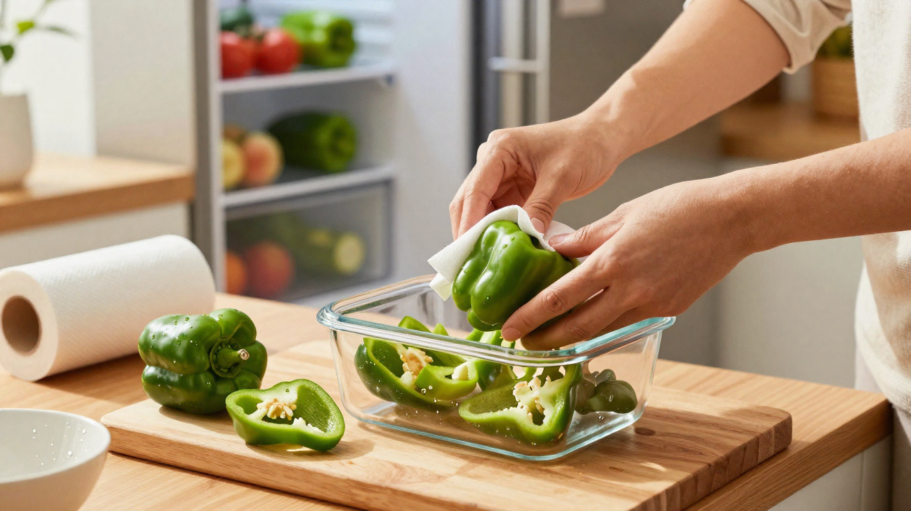 Pessoa a limpar pimentos verdes cortados numa cozinha moderna com frigorífico ao fundo.