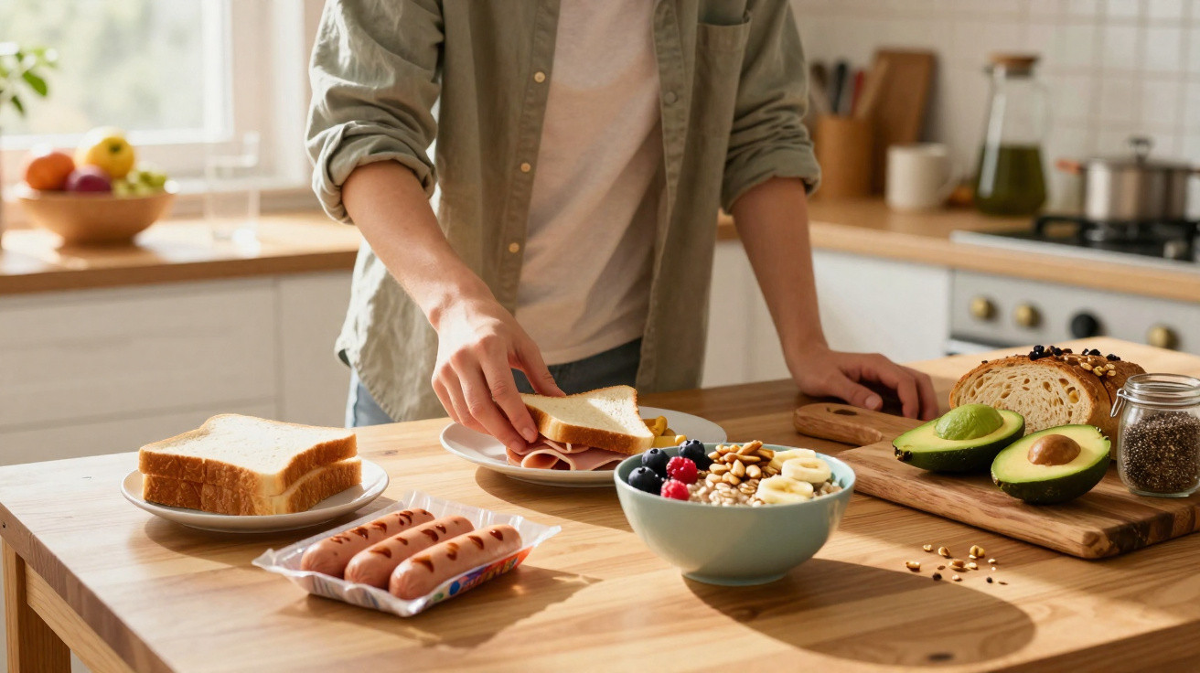 Pessoa a preparar sanduíche numa cozinha com pão, salsichas, abacate e tigela de frutas e sementes à mesa.