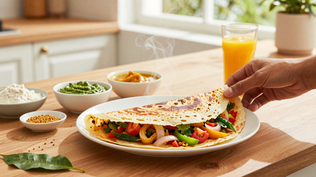 Pessoa a levantar crepe com legumes coloridos servido num prato branco, com copo de sumo de laranja e molhos ao fundo.