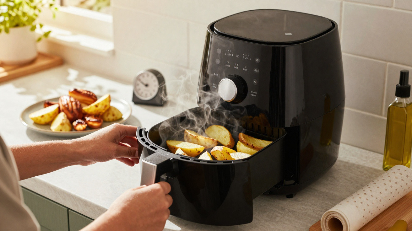 Pessoa a retirar batatas quentes recém-cozinhadas de uma Actifry preta numa cozinha luminosa.
