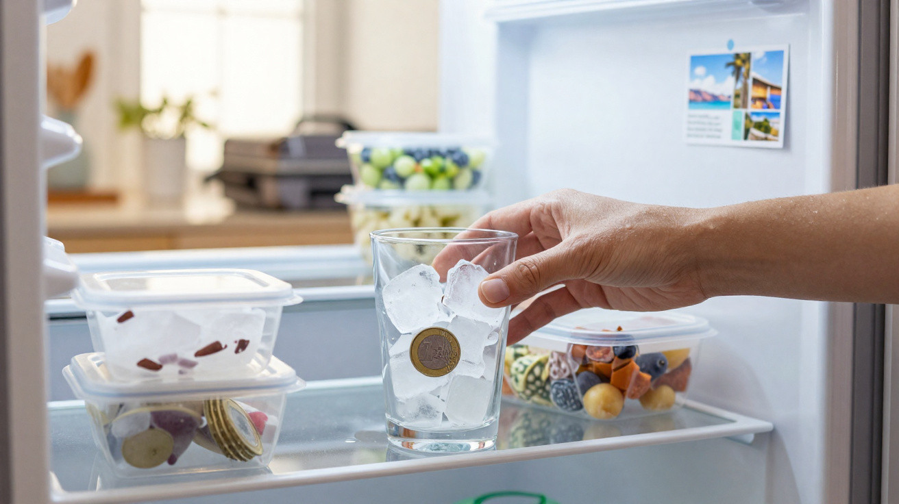 Mão a colocar um copo com cubos de gelo e uma moeda dentro de um frigorífico com alimentos em recipientes transparentes.