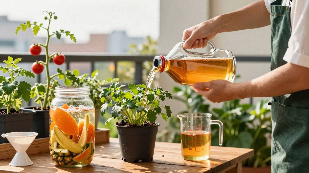 Pessoa a regar planta em vaso num terraço com jarro de líquido e jarra com frutas ao lado.