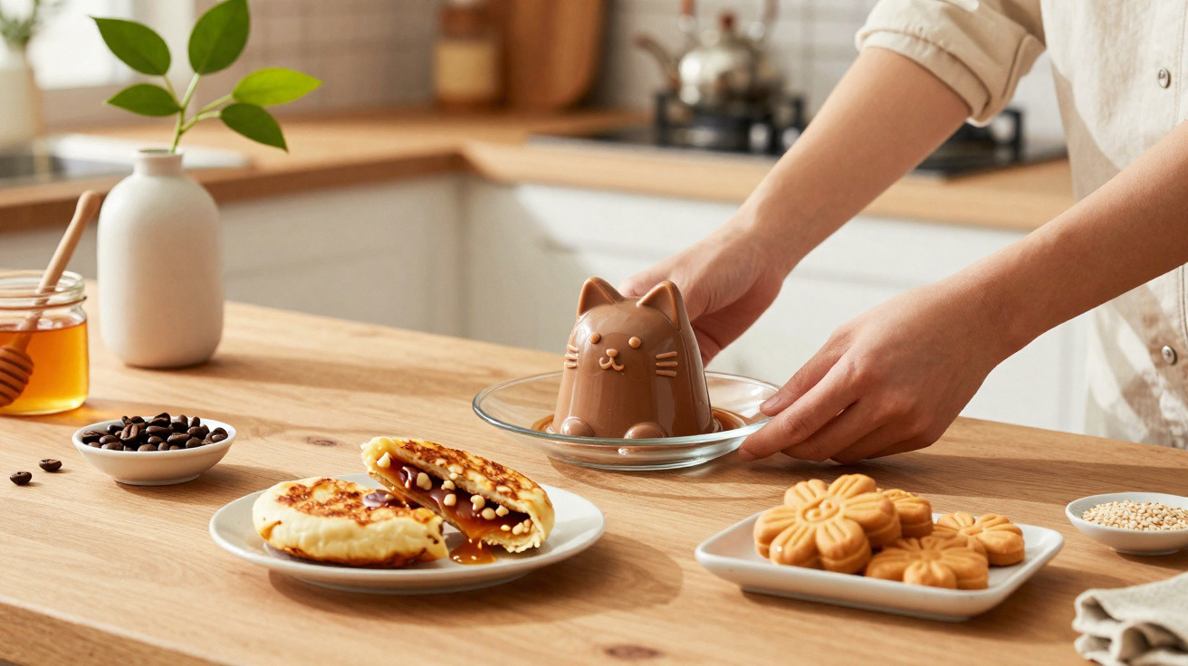 Mãos a remover molde de gelado em forma de gato, mesa com bolachas florais, mel, café em grão e bolos recheados.