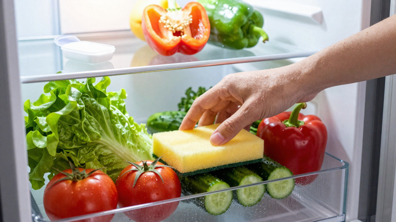 Mão a limpar legumes frescos dentro de frigorífico aberto com uma esponja amarela.