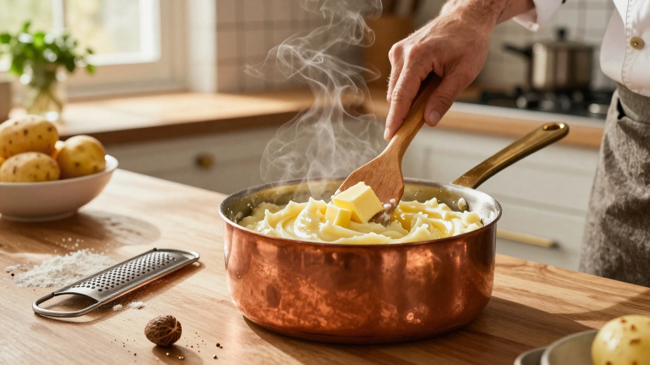 Panela de cobre com puré de batata quente e pedaços de manteiga, mão a mexer com colher de pau numa cozinha.