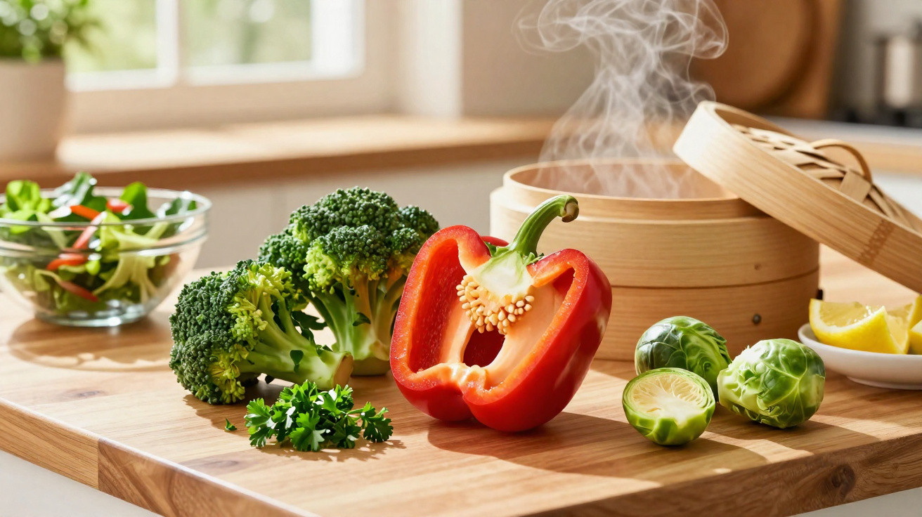 Legumes frescos e uma embalagem de bambu a vapor a exalar vapor numa cozinha iluminada.