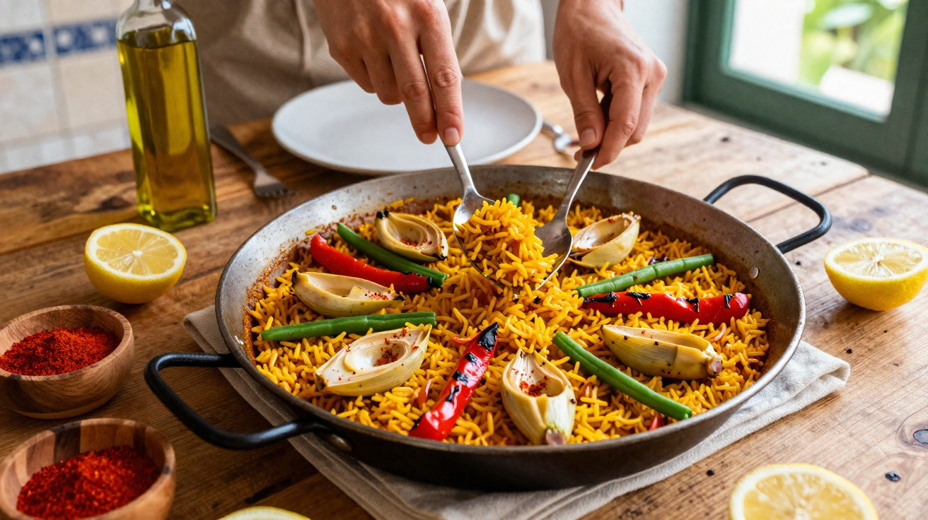 Pessoa a servir arroz amarelo com legumes e pimentos num prato grande de cozinha rústica.