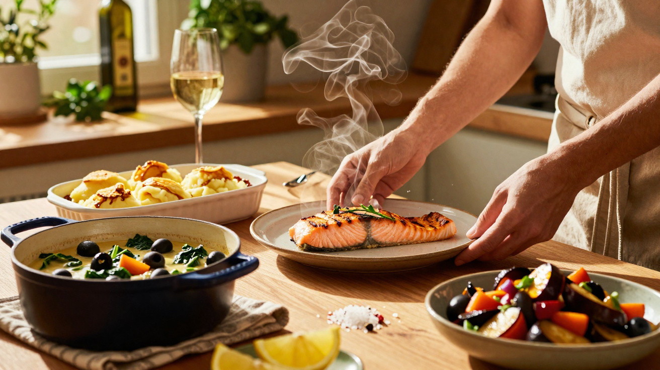 Pessoa a servir posta de salmão grelhado numa mesa com várias tigelas de comida e copo de vinho branco.