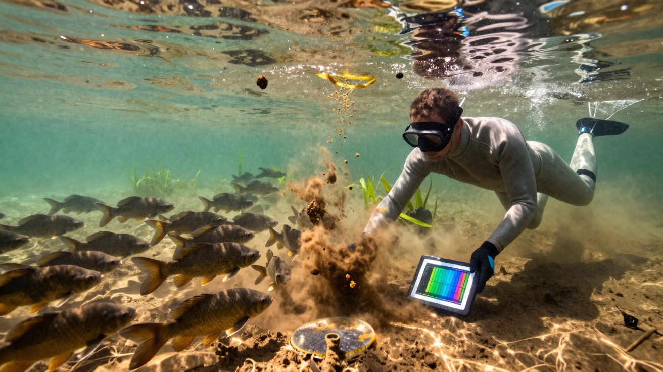 Mergulhador com fato de neoprene recolhe amostras do fundo do rio perto de cardume de peixes.