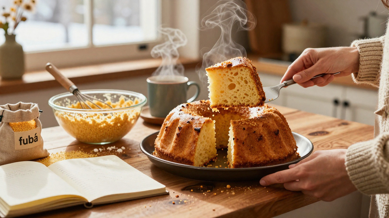 Mãos servem fatia de bolo de fubá quente num prato, com massa e caneca fumegante numa mesa de madeira.