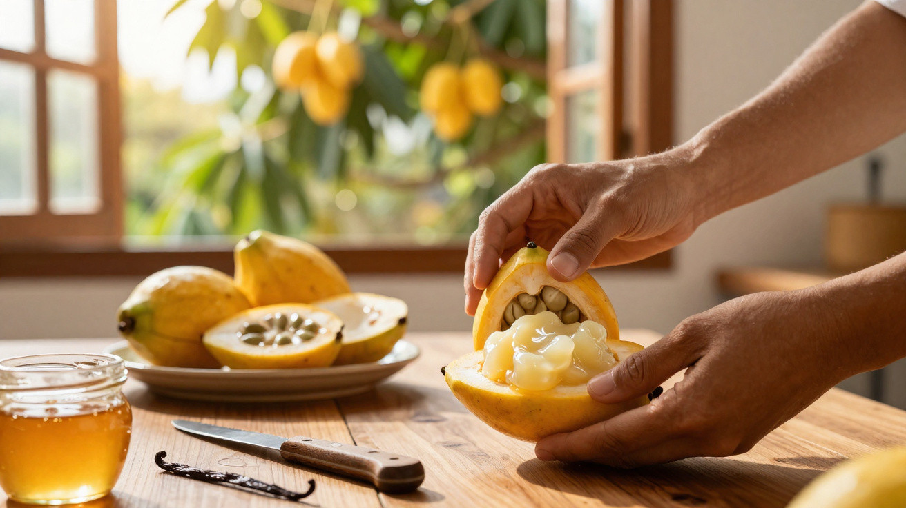 Pessoa a abrir um maracujá-do-mato amarelo com polpa branca sobre mesa de madeira, com fruto cortado e mel.