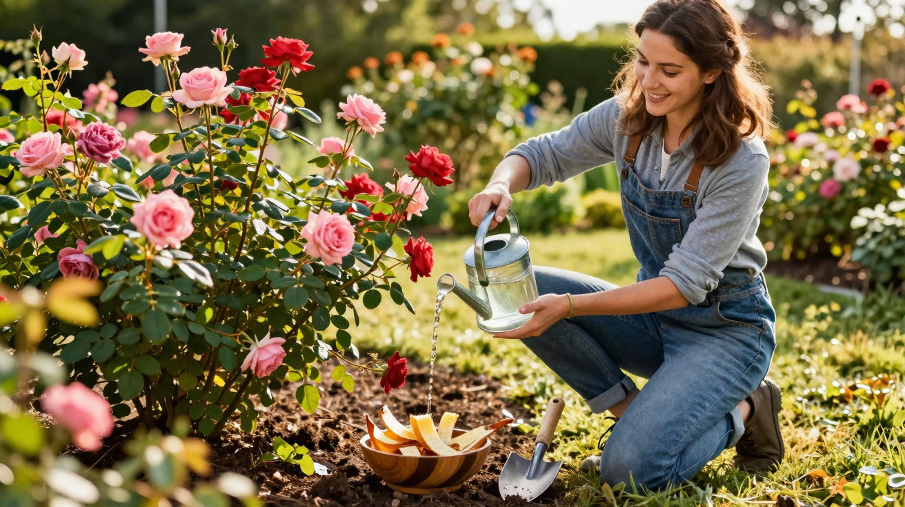 Mulher a regar roseiras num jardim ensolarado, com utensílios de jardinagem ao lado.