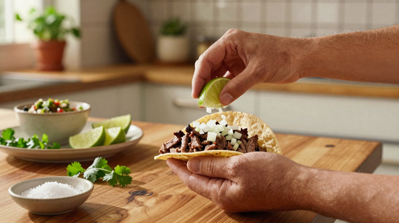 Mãos a espremer lima sobre taco com carne e cebola, numa cozinha com ingredientes ao fundo.