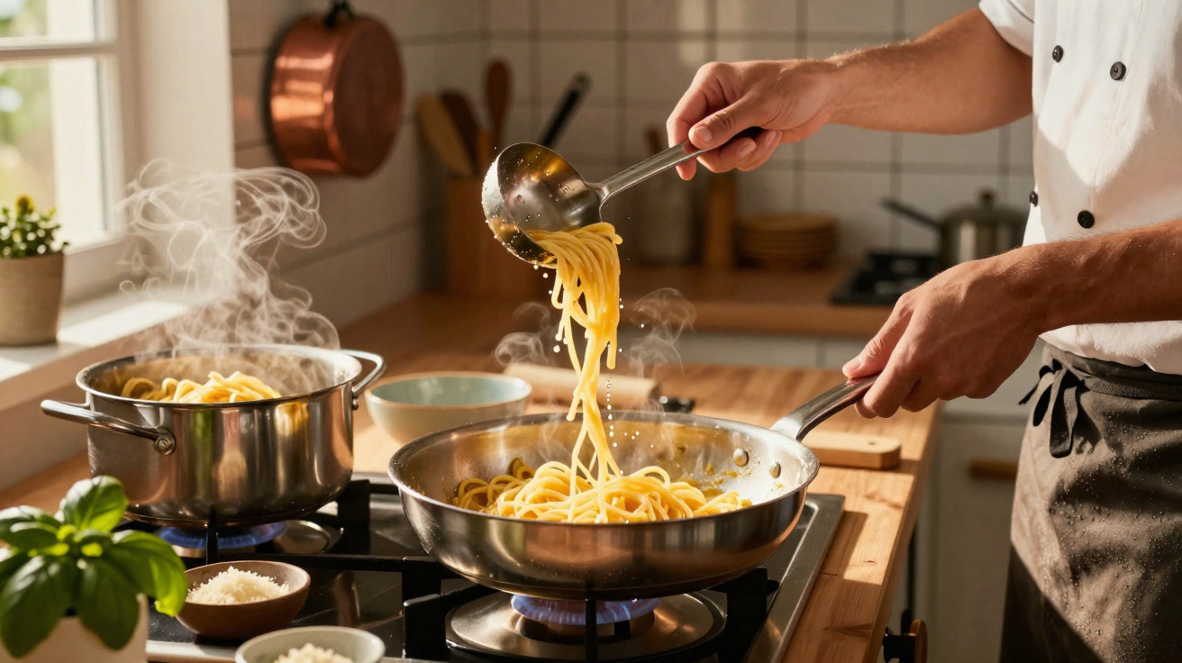 Pessoa a cozinhar esparguete numa frigideira num fogão a gás numa cozinha luminosa.