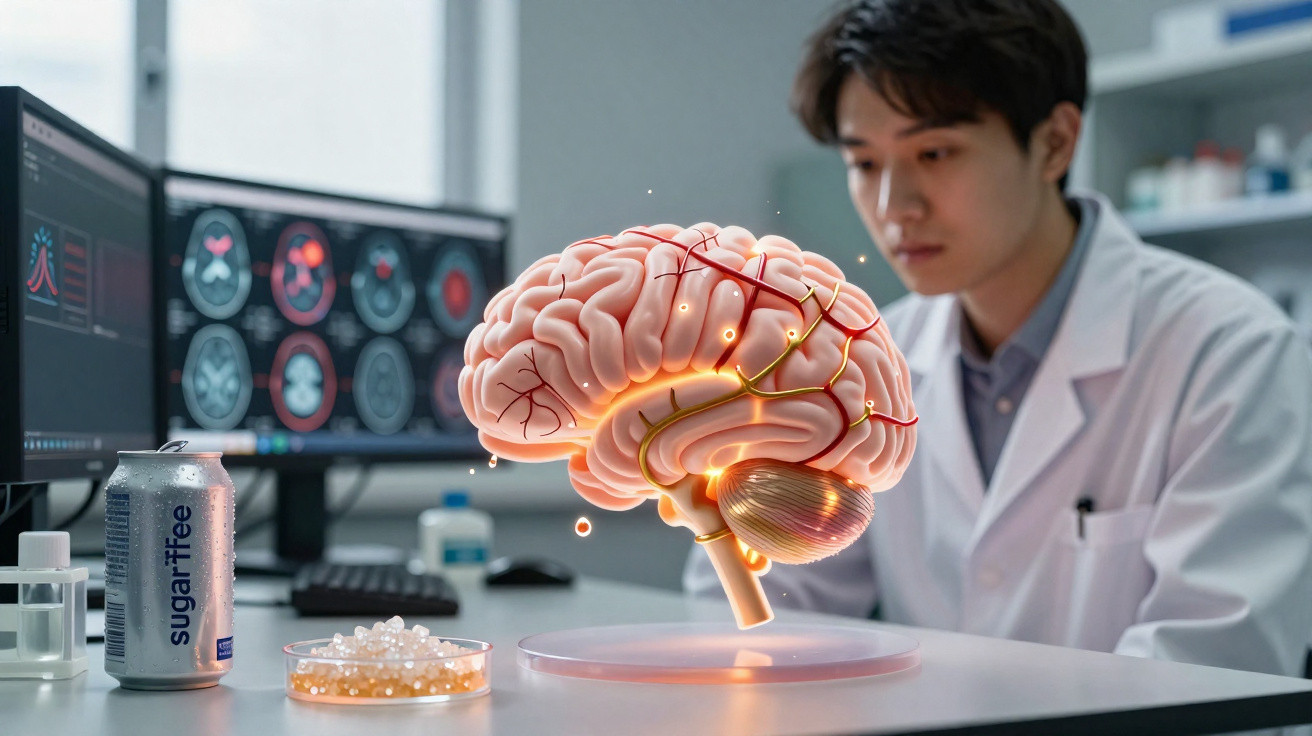 Cientista observa modelo digital de cérebro flutuante em laboratório com imagens cerebrais em ecrãs.