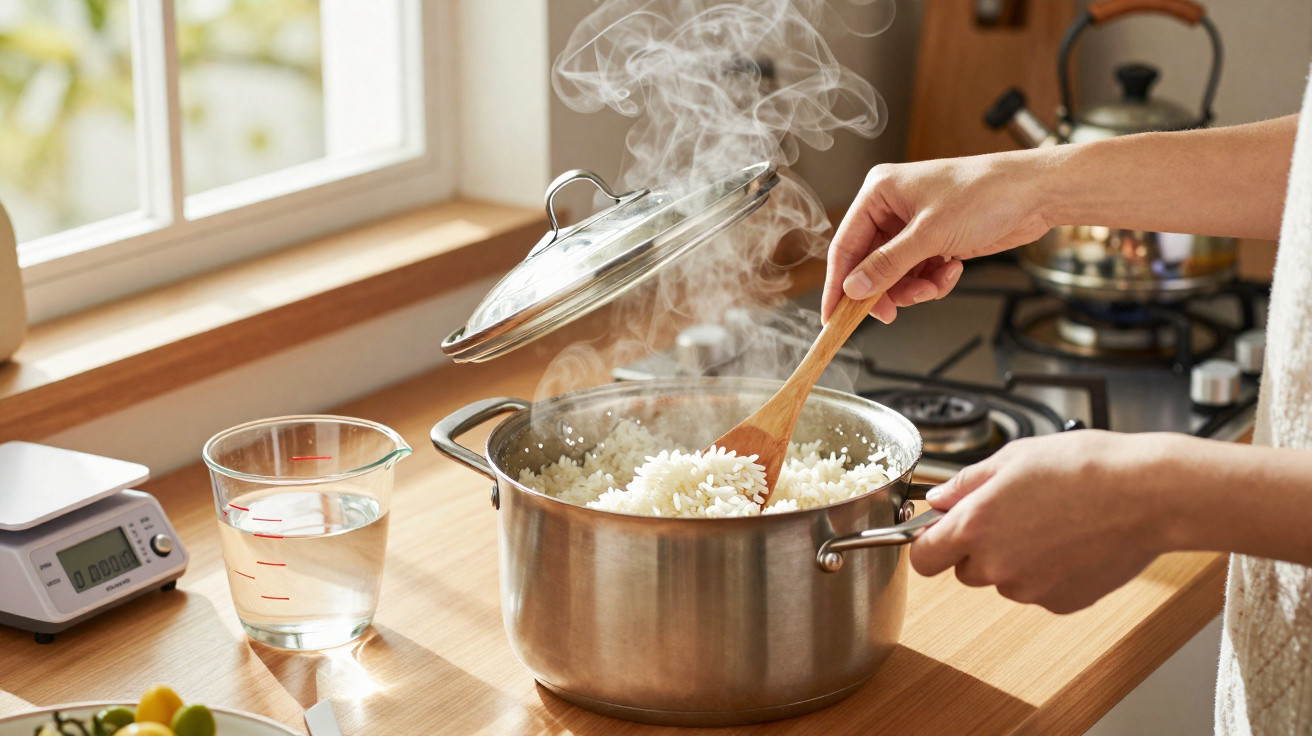 Mãos a mexer arroz quente a cozinhar numa panela de inox numa cozinha com luz natural.
