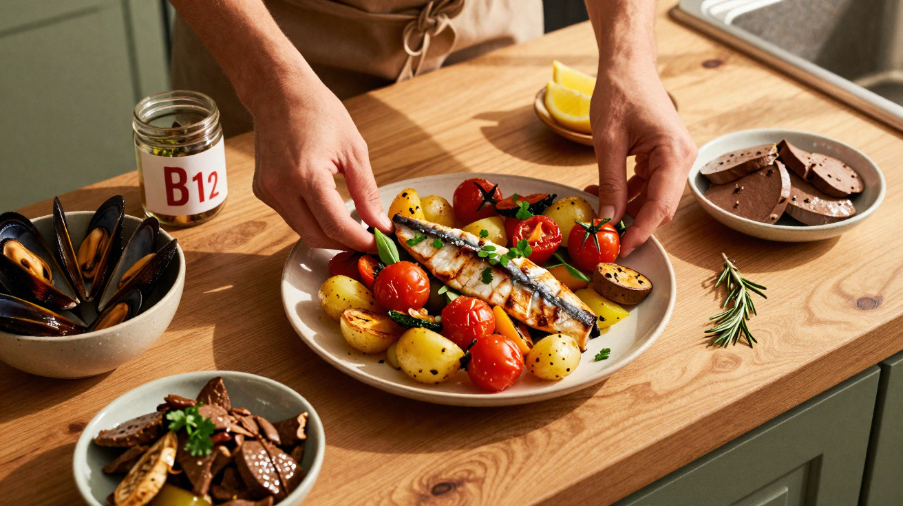 Prato com peixe grelhado, batatinhas, tomate cherry e ervas, mãos a decorar em bancada de cozinha.