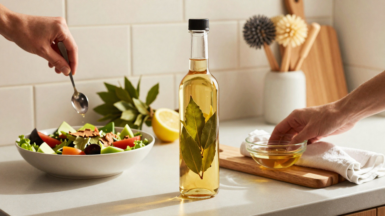 Garrafa de azeite com folhas de louro, salada fresca e mãos a temperar em cozinha iluminada.