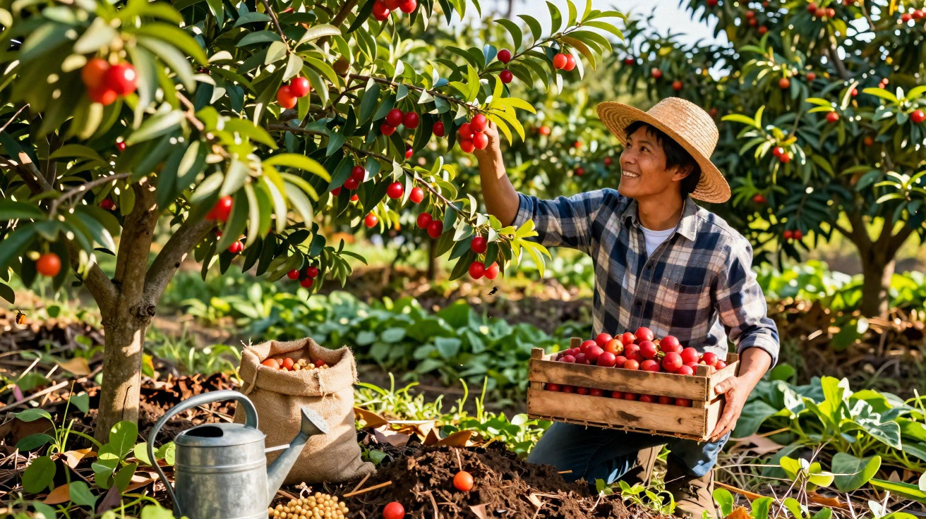 Homem com chapéu a colher frutos vermelhos num pomar, segurando caixa cheia, rodeado de vegetação.